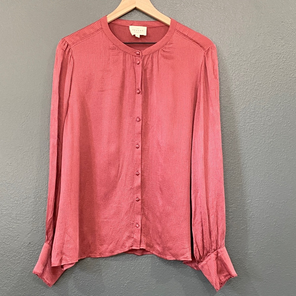 Sezane Women's Size US 14 / EU 46 Pink Silk Button-Front Long Sleeve Blouse